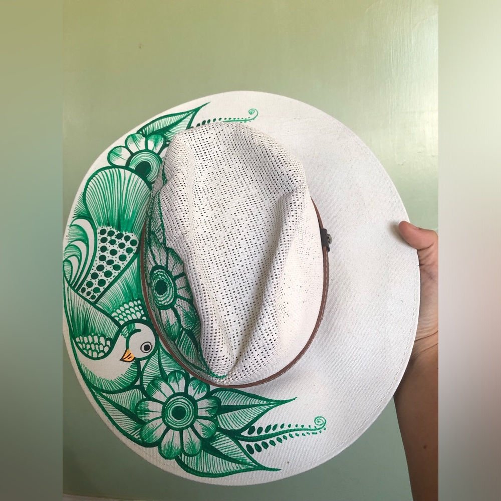 Hand painted Mexican Artisanal Fedora Hat Size M Adult, Peacock Bird Exotic